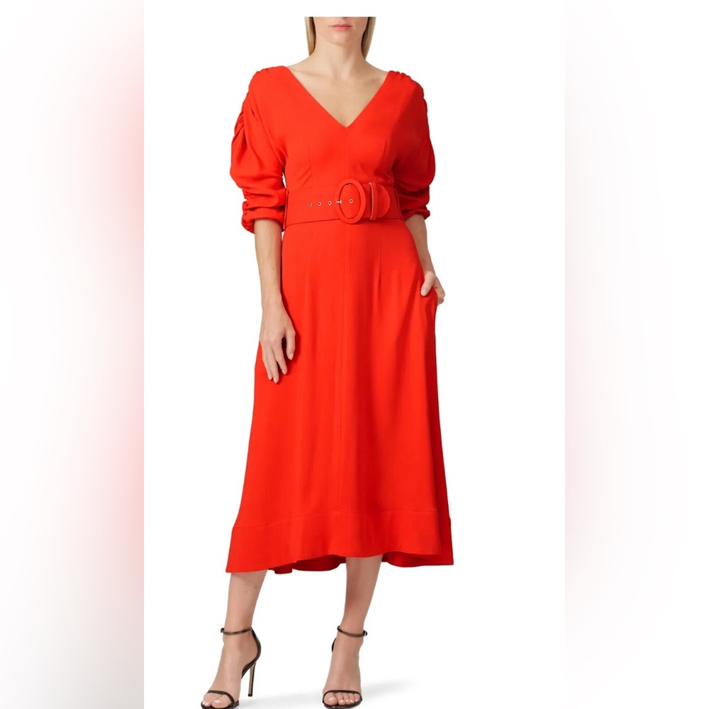 Nicholas Gathered Sleeve Belted Midi Dress